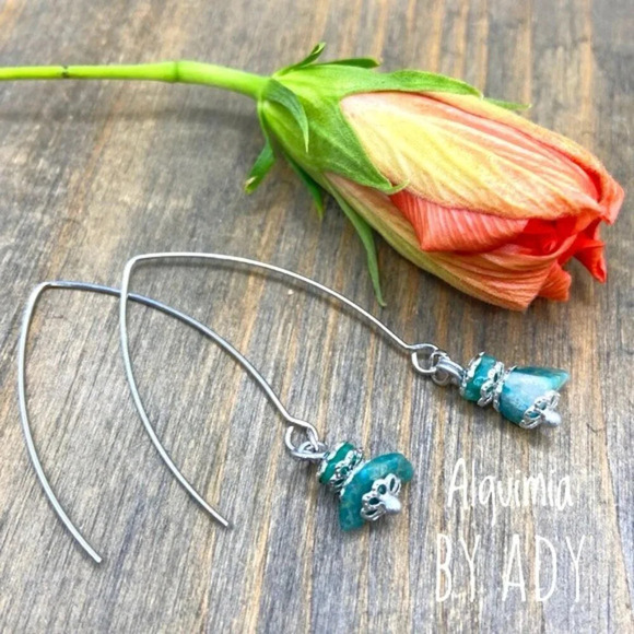 Green Amazonite drops silver long statement earrings - Picture 1 of 3